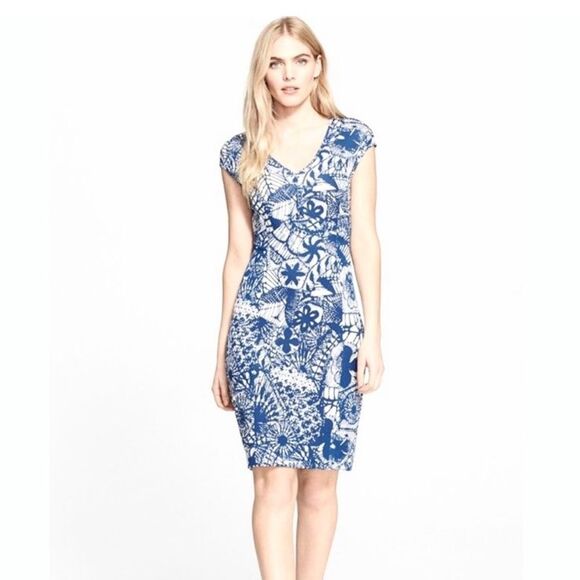 TORY BURCH Blue Baltic Sea Dream Catcher Dress MED Cap Sleeve V Neck Casua - Picture 2 of 13